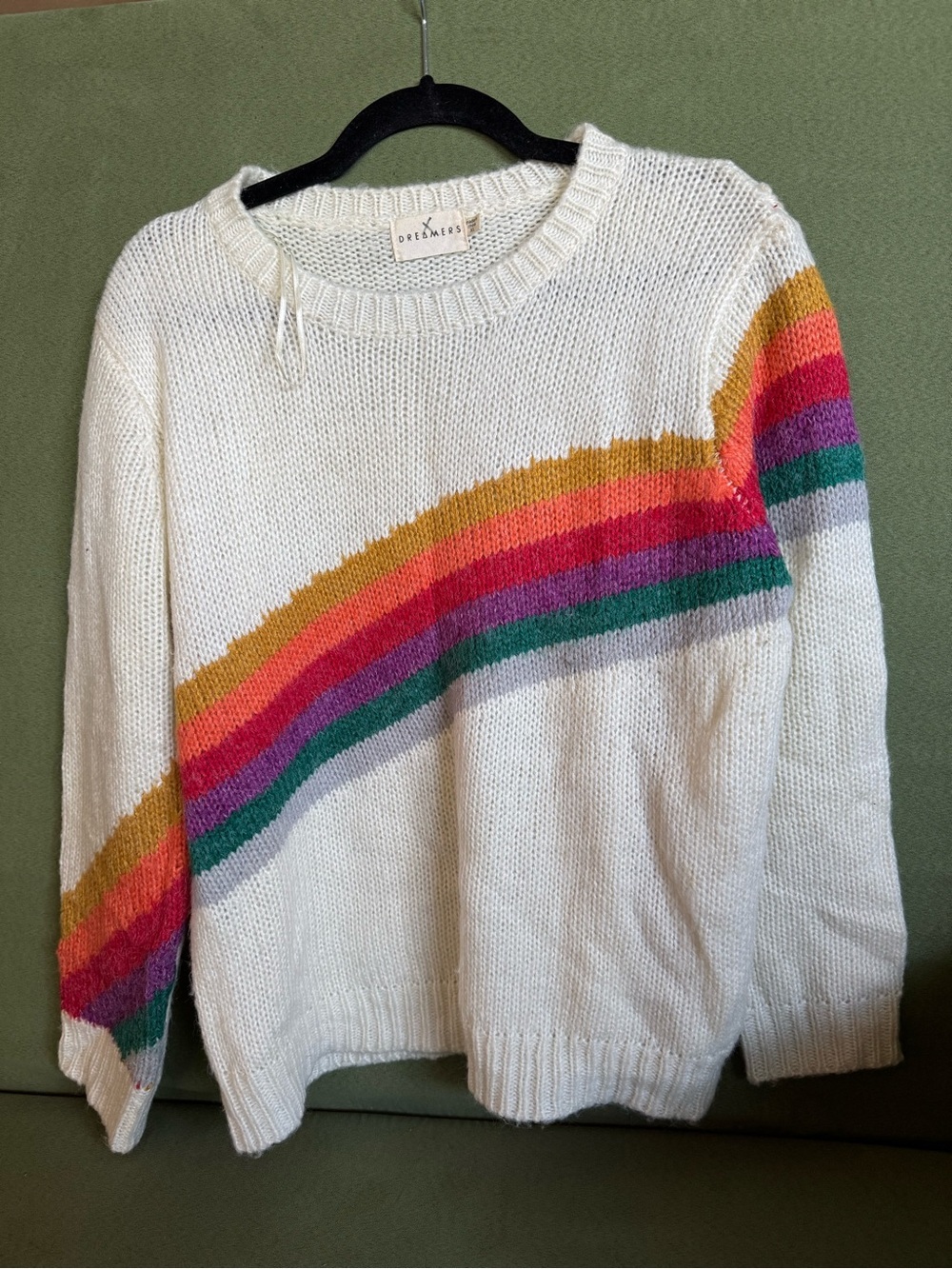 Dreamers Cream Crewneck Sweater with Rainbow Stripes
